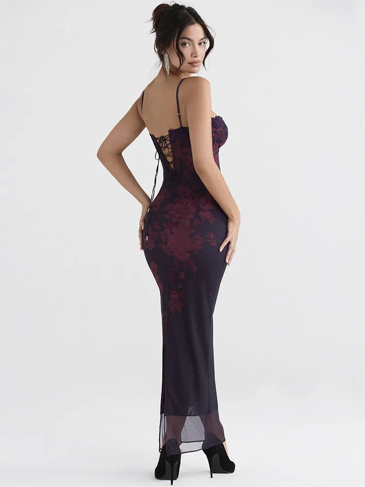 Spaghetti Strap Sleeveless Backless Ruched Maxi Floral Dress