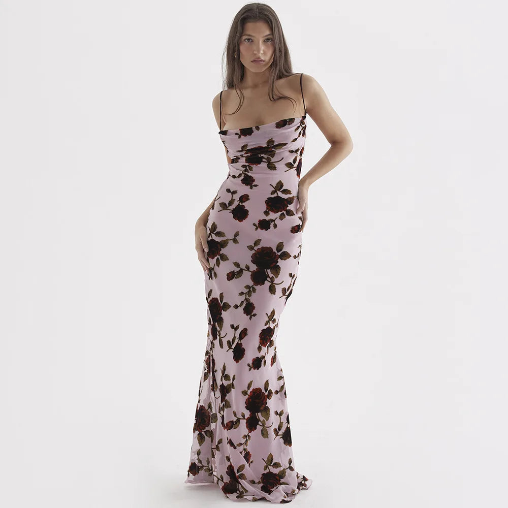 Spaghetti Strap Sleeveless Backless Ruched Maxi Floral Dress