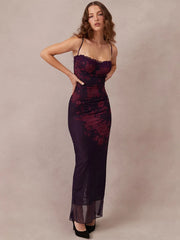 Spaghetti Strap Sleeveless Backless Ruched Maxi Floral Dress