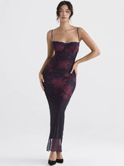 Purple Print Long Fishtail New Spaghetti Strap Ruched Maxi Lace Dress