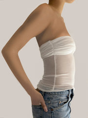 See Through Mesh Strapless Bustier Off-shoulder Sleeveless Knit Cropped Cami Top