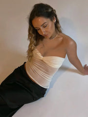 See Through Mesh Strapless Bustier Off-shoulder Sleeveless Knit Cropped Cami Top