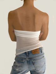 See Through Mesh Strapless Bustier Off-shoulder Sleeveless Knit Cropped Cami Top