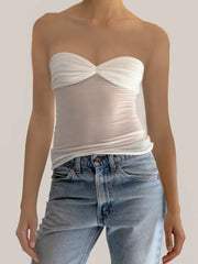 See Through Mesh Strapless Bustier Off-shoulder Sleeveless Knit Cropped Cami Top