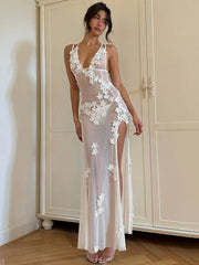 Mesh Sexy Long Dress Spaghetti Strap Sleeveless Backless Lace Dress