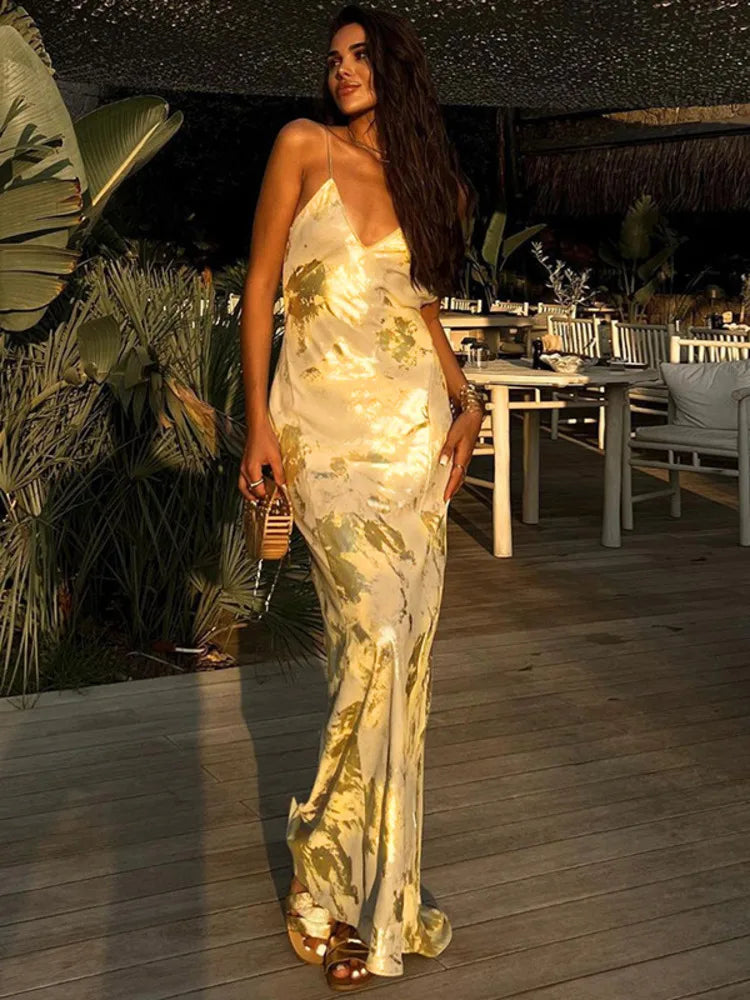 V Neck Backless Slipdress Spaghetti Strap Bodycon Floral Dress