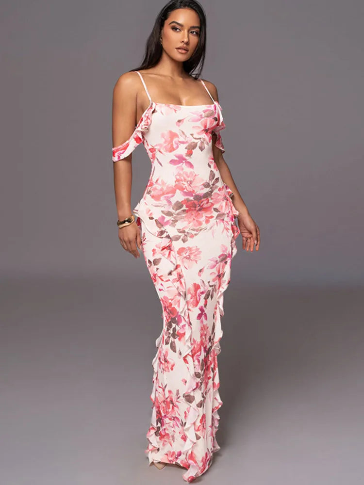 Summer New Spaghetti Strap Backless Print Maxi Floral Dress
