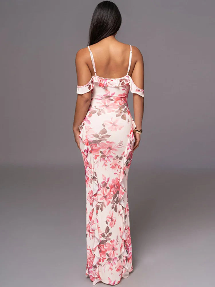Summer New Spaghetti Strap Backless Print Maxi Floral Dress