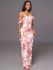 Summer New Spaghetti Strap Backless Print Maxi Floral Dress