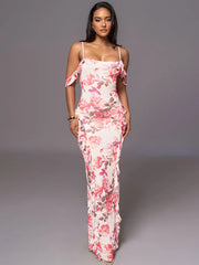 Summer New Spaghetti Strap Backless Print Maxi Floral Dress