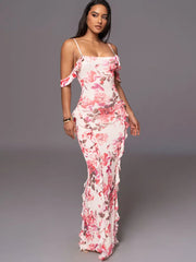 Summer New Spaghetti Strap Backless Print Maxi Floral Dress