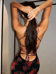 Summer New Spaghetti Strap Backless Print Maxi Floral Dress