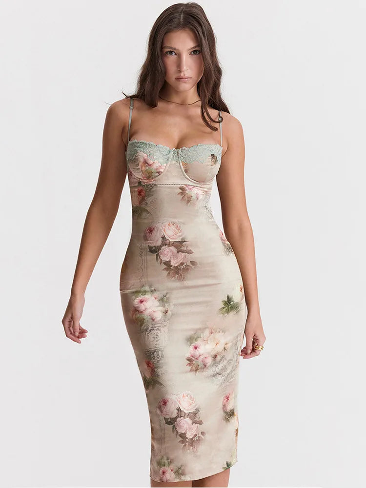 Spaghetti Strap Lace Print Midi Dress Backless Club Party Floral Dress