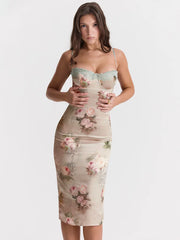 Spaghetti Strap Lace Print Midi Dress Backless Club Party Floral Dress