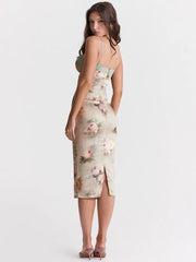 Spaghetti Strap Lace Print Midi Dress Backless Club Party Floral Dress