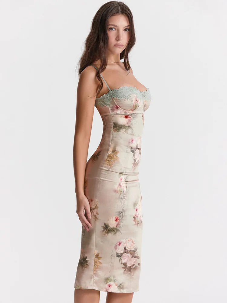 Spaghetti Strap Lace Print Midi Dress Backless Club Party Floral Dress