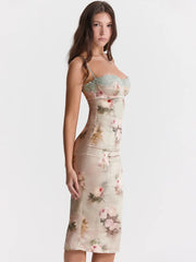 Spaghetti Strap Lace Print Midi Dress Backless Club Party Floral Dress