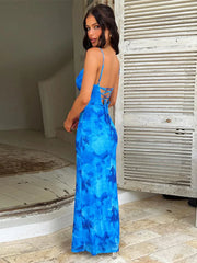 Spaghetti Strap Maxi Dress Sleeveless Backless Fashion Floral Dress