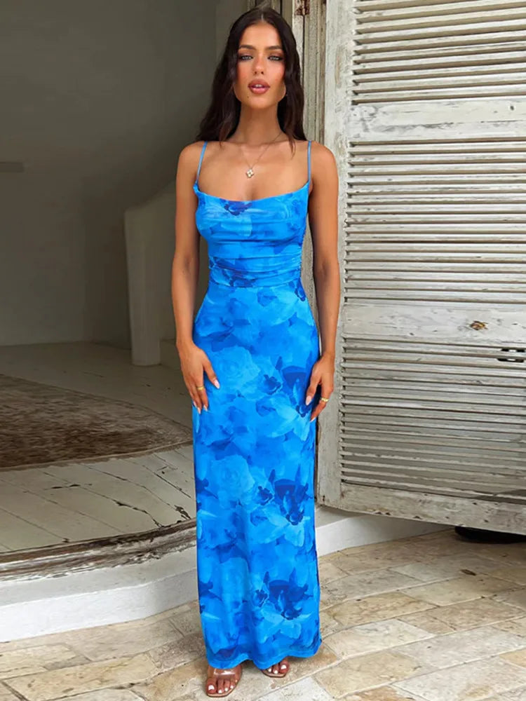 Spaghetti Strap Maxi Dress Sleeveless Backless Fashion Floral Dress