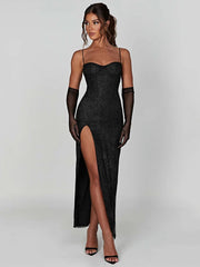 Sparkle Maxi Dress New Spaghetti Strap Backless Sleeveless Lace Dress