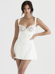 Stretchy Satin New White Zipper Backless Short Tank Lace Dress