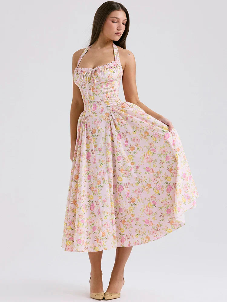 Vintage Halter Sleeveless Backless A-line Floral Dress