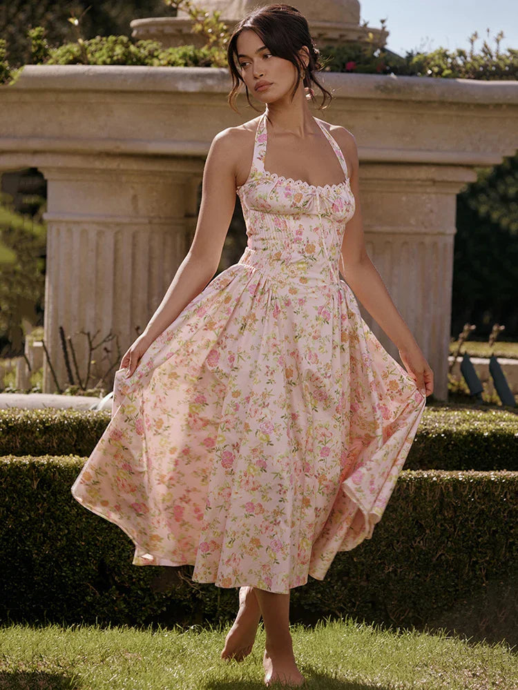 Vintage Halter Sleeveless Backless A-line Floral Dress