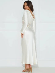 Fashion Long Sleeve Backless Sheer Lace Patchwork Sexy Lace-up Lace Dress