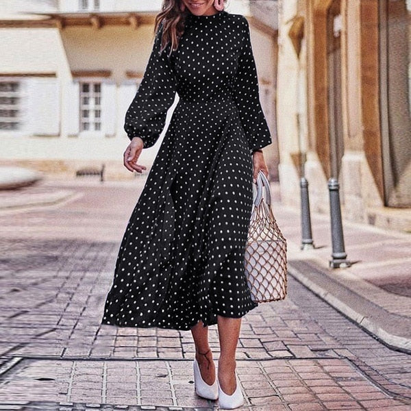 Boho Long Dress Blue Long Sleeve Elegant Dress Polka Dot Print Elegant Dress