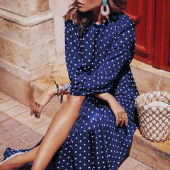 Boho Long Dress Blue Long Sleeve Elegant Dress Polka Dot Print Elegant Dress