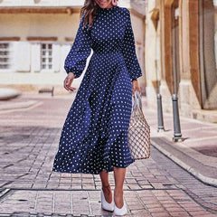 Boho Long Dress Blue Long Sleeve Elegant Dress Polka Dot Print Elegant Dress