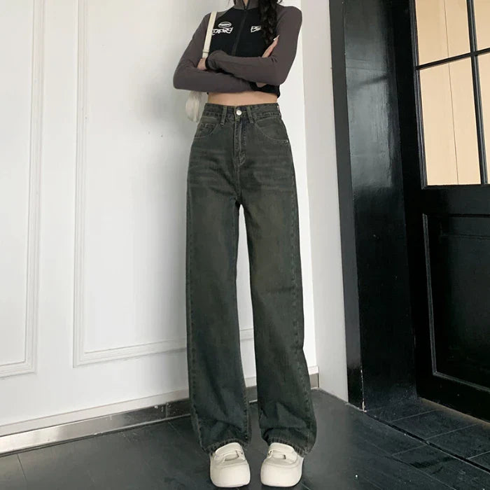 Female New Spring Cement Grey High Waist Thin Small Wide-Legged Trousers Jeans