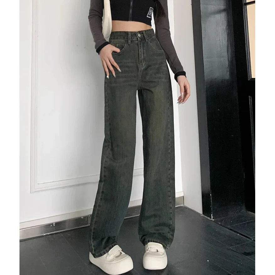 Female New Spring Cement Grey High Waist Thin Small Wide-Legged Trousers Jeans