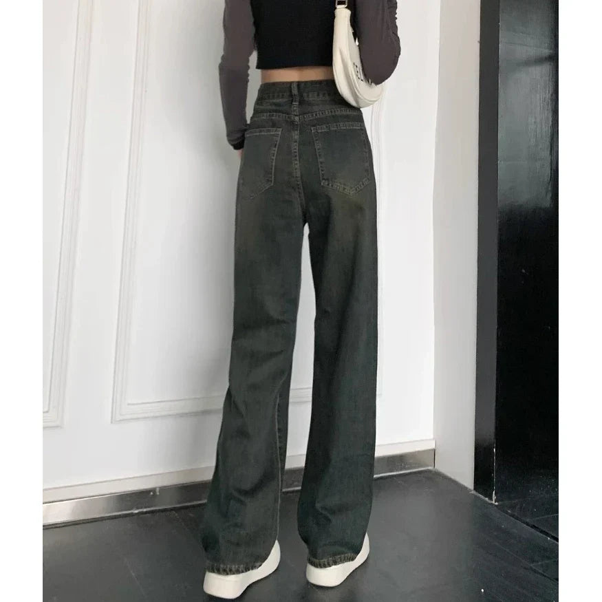 Female New Spring Cement Grey High Waist Thin Small Wide-Legged Trousers Jeans