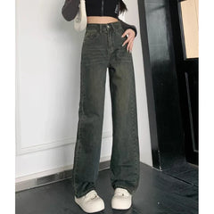 Female New Spring Cement Grey High Waist Thin Small Wide-Legged Trousers Jeans
