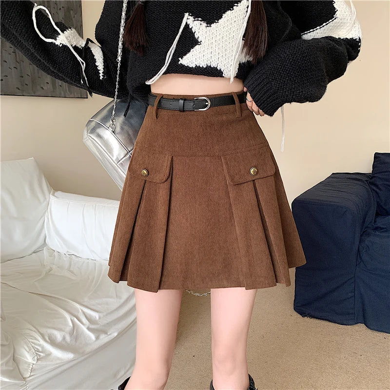 New Autumn Winter Corduroy Womens Vintage Buttons High Wasit A-line Mini Pleated Korean Woman Short Skirt