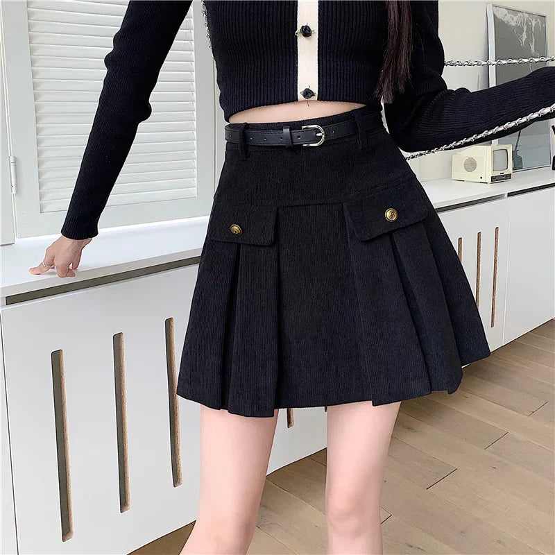 New Autumn Winter Corduroy Womens Vintage Buttons High Wasit A-line Mini Pleated Korean Woman Short Skirt