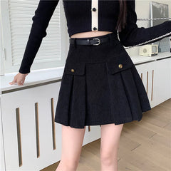 New Autumn Winter Corduroy Womens Vintage Buttons High Wasit A-line Mini Pleated Korean Woman Short Skirt