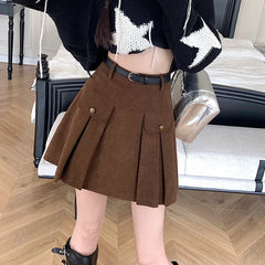 New Autumn Winter Corduroy Womens Vintage Buttons High Wasit A-line Mini Pleated Korean Woman Short Skirt