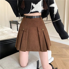 New Autumn Winter Corduroy Womens Vintage Buttons High Wasit A-line Mini Pleated Korean Woman Short Skirt