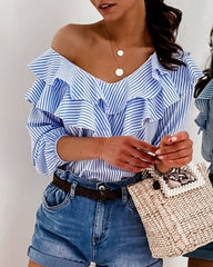 New Blue Striped Ruffles Collar Blouse for Lady Half Sleeve V-Neck Shirts