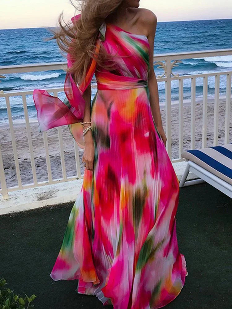 Colorful Gradient Print Skew Collar Bow Boho Dress