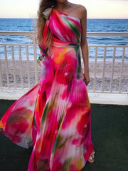 Colorful Gradient Print Skew Collar Bow Boho Dress
