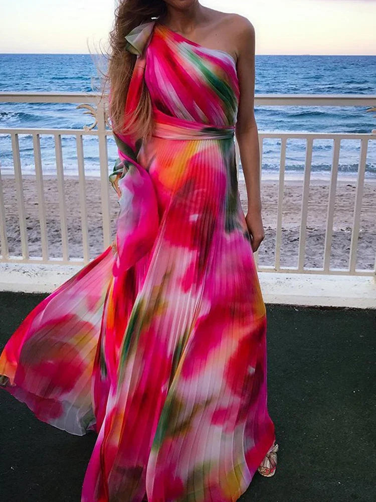 Colorful Gradient Print Skew Collar Bow Boho Dress