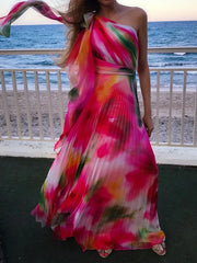 Colorful Gradient Print Skew Collar Bow Boho Dress