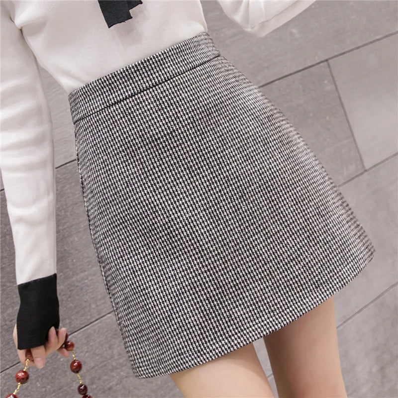 New Fashion Plaid A-Line Mini Autumn Winter High Waist Woolen Female Casual All-match Short Skirt