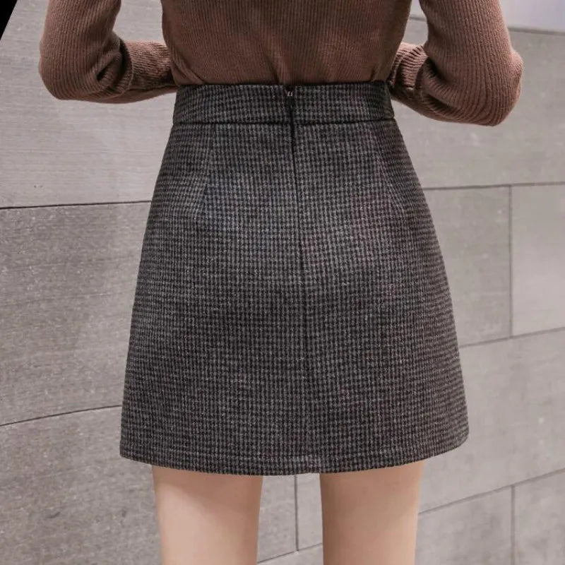 New Fashion Plaid A-Line Mini Autumn Winter High Waist Woolen Female Casual All-match Short Skirt