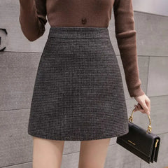 New Fashion Plaid A-Line Mini Autumn Winter High Waist Woolen Female Casual All-match Short Skirt