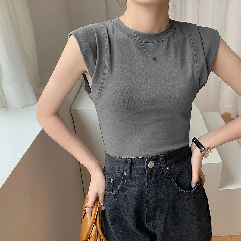 Summer Sleeveless T-shirt Round Collar Solid Color Tank Top