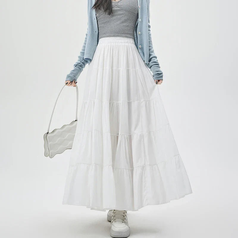 New Fashion Layered Spring Summer High Waist A-line Long Ladies Holiday Style Casual Loose Skirt